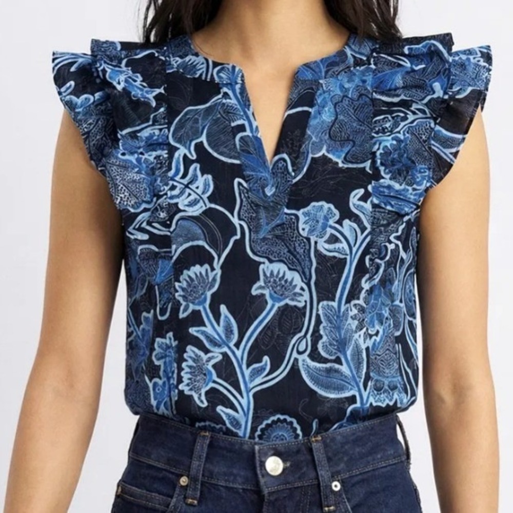 Parker Blue Floral Cotton Ruffle Cap Sleeve V-Neck Blouse Top Womens Size Medium